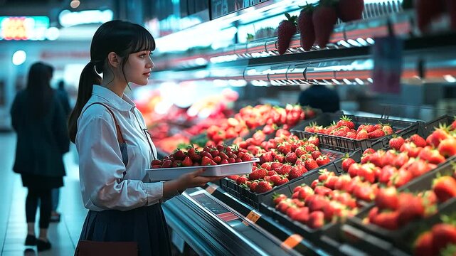 A helpful shop assistant holds a tray of strawberries while chatting with a customer in the fruit section, with bright supermarket lighting.
