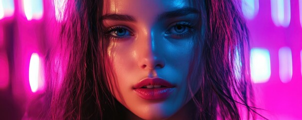 Obraz premium Young caucasian female with neon lighting and wet hair in vibrant portrait