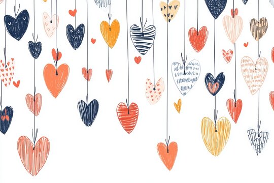 Illustration showcasing homemade heart decorations for a love celebration, featuring finely carved multi-colored hearts adorned with affectionate messages