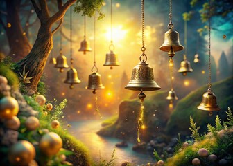 Obraz premium Surreal Golden Bells Hanging, Dreamlike Fantasy, Magical Bells, Celestial Chimes, Ethereal Photography