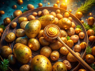 Surreal Golden Spiral Potatoes on a Stick: Whimsical Food Photography