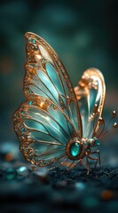 Fototapeta premium Beautiful butterfly: iridescent wings, diamond accents, golden highlights, delicate resting pose, intricate floral pattern, glowing gemstones, metallic shimmer, fantasy design, radiant light.