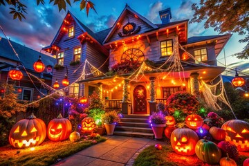 Fototapeta premium Surreal Halloween House: Whimsical Decorations & Glowing Lights