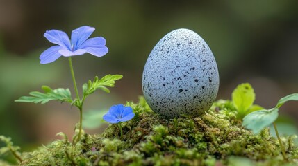 Speckled egg, blue flower, forest moss, spring card