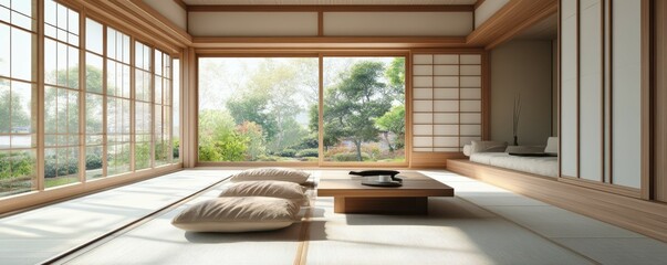 Fototapeta premium Serene japanese zen room with tatami mats and garden view in tranquil natural light