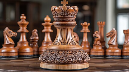 Exquisite handcrafted wooden chess pieces displayed on a polished table indoors with natural light illuminating the details. Generative AI