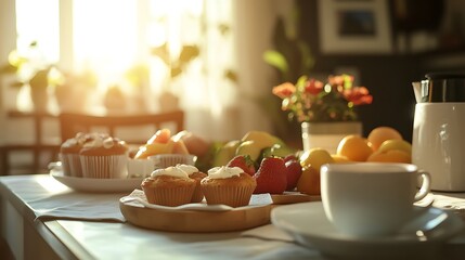A luxurious breakfast spread with freshly baked muffins, a fruit salad, avocado toast, scrambled eggs, and a hot cappuccino, all captured in soft early morning light.