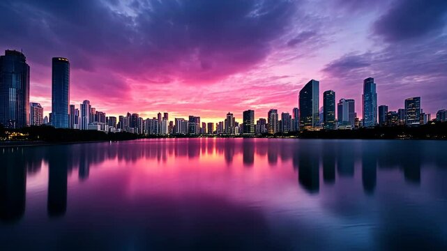 Vibrant sunset over a city skyline reflected in tranquil water creating a stunning natural spectacle