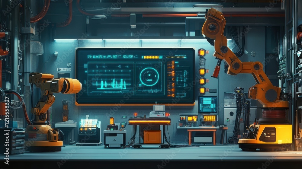 Poster two robotic arms working in a futuristic laboratory, monitored by a large digital display featuring 