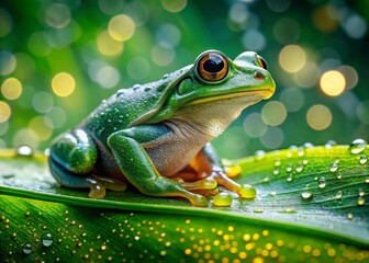 Obraz premium Surreal Macro Frog on Dew-Kissed Leaf - Vibrant Green Nature Photography