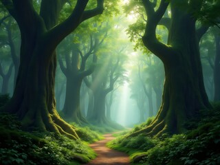 Sunlit Forest Path Green Canopy Trees Daylight Scene Moss Covered Root