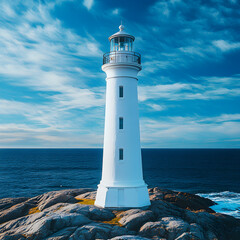 Naklejka premium Coastal Lighthouse on Rocky Shore Ocean View
