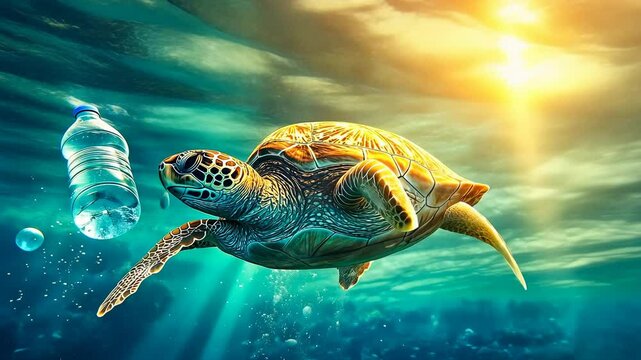 Sea turtle swimming plastic bottle sunlit water.Marine life navigates human trash.encounters pollution ocean waves.Wildlife threatened waste.Urgent environmental concern evident.