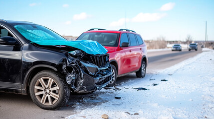 Two-car accident on snowy road with damaged vehicles