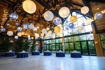 Hanging light decorations create whimsical atmosphere above gathering space event venue photography modern interior low angle magical ambiance