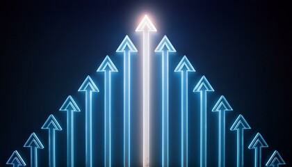 어두운 배경에 빛나는 형광색 화살표들이 배열되어 있고, 그 가운데 하나만 유독 더 밝은 빛을 발하는 장면