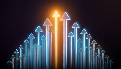 어두운 배경에 빛나는 형광색 화살표들이 배열되어 있고, 그 가운데 하나만 유독 더 밝은 빛을 발하는 장면