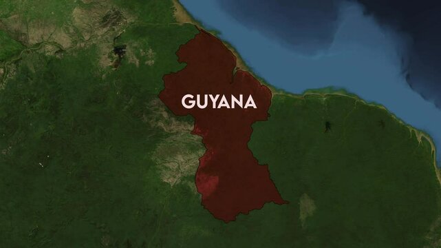 Zoom from Earth to Guyana. World map animation with country borders, Images from NASA