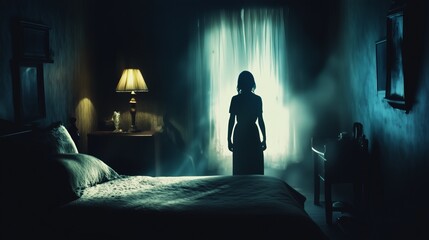 A shadowy figure stands in a dimly lit bedroom, gazing towards a bright window. The soft glow contrasts with the darkness of the room, creating an eerie atmosphere.