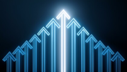 어두운 배경에 빛나는 형광색 화살표들이 배열되어 있고, 그 가운데 하나만 유독 더 밝은 빛을 발하는 장면