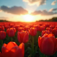 Fotobehang Vibrant red tulips bathed in the golden light of sunset. A breathtaking view of a vast field of flowers. © umut hasanoglu