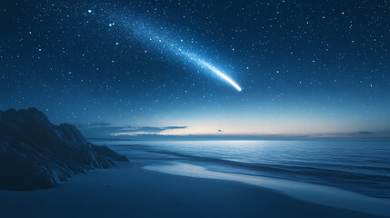 Bright comet streaks across starry sky over tranquil ocean at night. Galactic Shores. Illustration