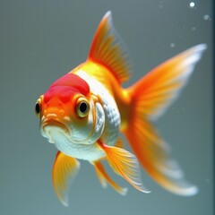 Vibrant goldfish with striking orange and white scales.  A captivating underwater portrait showcasing its detailed fins and expressive eyes.