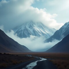 Mountain Peak with Clouds Scenic Valley Landscape Path View Snowy Top and Sky