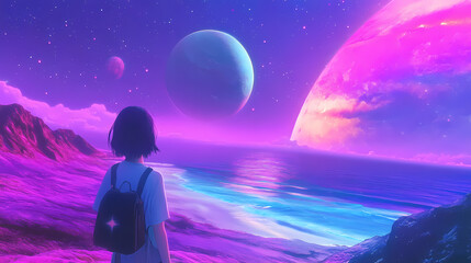 Obraz premium Deep space ocean shore landscape planets in sky. surreal landscape of an colorful ocean with planets in sky. multicolored dimension. Galactic Shores. Illustration