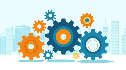 Business Team Building Activity Goal Colorful gears in a modern cityscape.