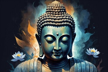 Colorful Buddha statue portrait vintage painting with flower decoration, culture and religion theme concept illustration texture design.
