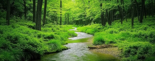 Obraz premium Tranquil forest stream winding through lush greenery in a serene woodland landscape