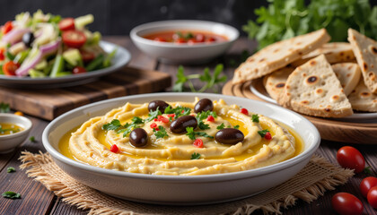 Delicious creamy hummus with pita in cozy Middle Eastern home setting