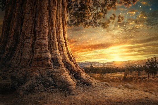 Majestic giant sequoia tree at sunset, overlooking a serene mountain landscape.