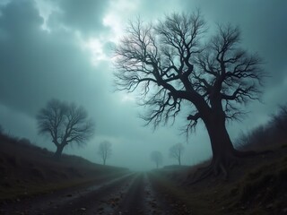 Misty Path Landscape View With Foggy Trees and Overcast Sky Dark Scene