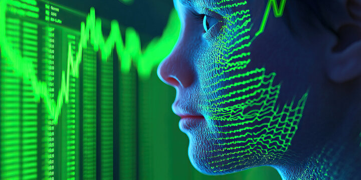 Human Face Overlayed with Data Streams and Stock Chart