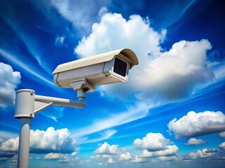 Surveillance Under Blue Sky: Security Camera in Open Space Stock Photo