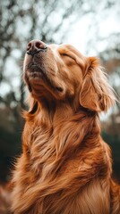 "Joyful Dog Sitting Upright, Fur Shimmering in Sunlight, Eyes Closed in Contentment"