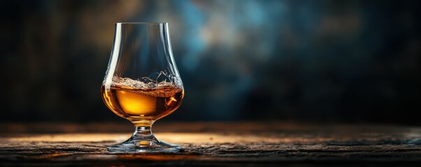 Obraz premium Elegant glass of amber whiskey on rustic wooden table with warm lighting