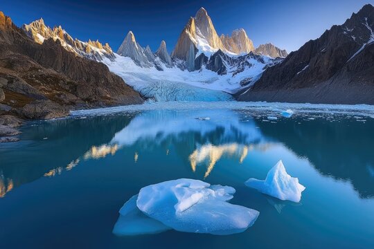 Majestic snow-capped peaks reflected in a glacial lake, icebergs float serenely.
