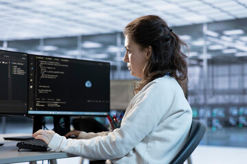 Hardworking technician working in high tech workspace providing computing resources for different...