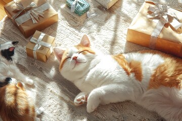 Cozy gift collection for pet lovers on a rug in bright natural light captured from a low-angled perspective