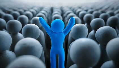 수많은 회색 인형들이 모인 장면에서 한 인물이 밝은 파란색으로 강조되어 팔을 들어 위로 뻗은 모습