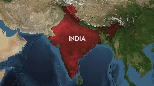 Zoom from Earth to India. World map animation with country borders, Images from NASA