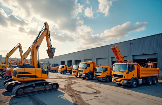 Many bright yellow heavy construction machines stand at city construction site. Trucks parked alongside large warehouse. Industrial equipment visible. Commercial vehicles, construction site machinery