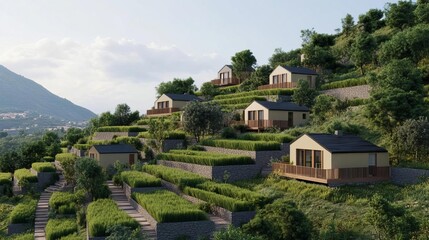 A hillside village designed with terraced eco-homes, blending with the natural slope