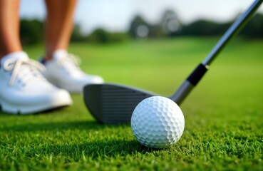 Golf club, ball on green grass. Golfer getting ready to hit ball. Outdoor activity. Leisure time. Sports theme. Focus on club, ball close-up. Sport leisure. Golf course. Sunny day. Greens. Good