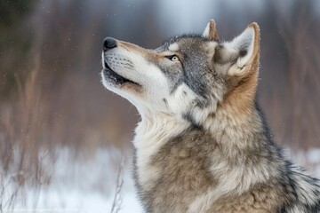 Majestic gray wolf howling in snowy winter woods, gazing upward.