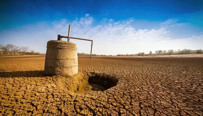 An Old Well stands on drought Soil in the desert. A Symbol for Climate Change.