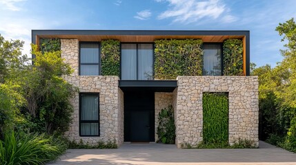A modern eco-hotel built with local stone and living walls, a haven for nature lovers